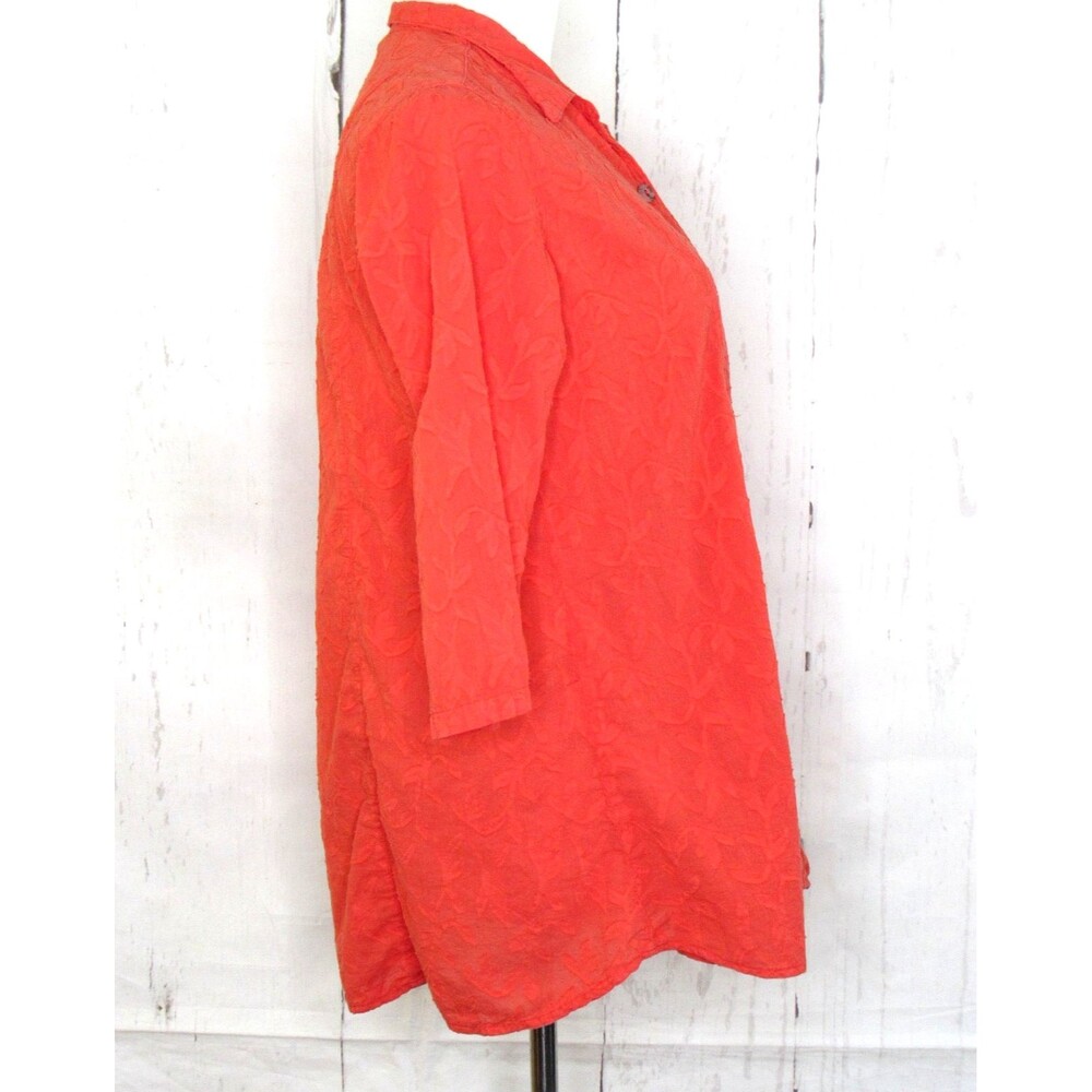 CMC Color Me Cotton Button Up Blouse 3/4 Sleeve Orange Textured Leaf Size S - Picture 4 of 7